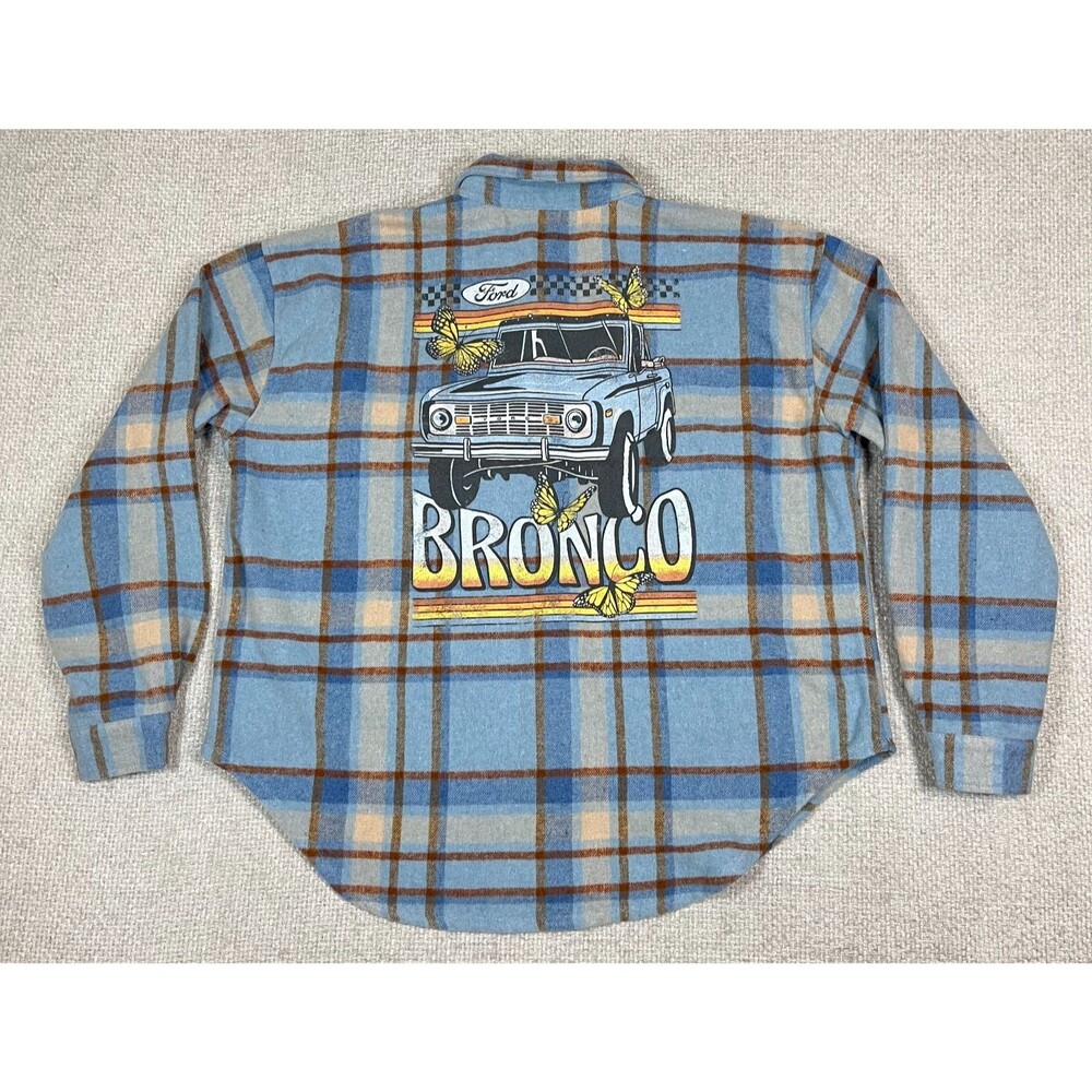 Ford Bronco Shirt Women's Large Blue Plaid Flannel Button Up Shacket Wool Blend